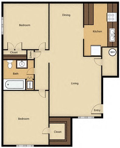 Floor plan for 2 beds, 1 bath, 857 sqft
